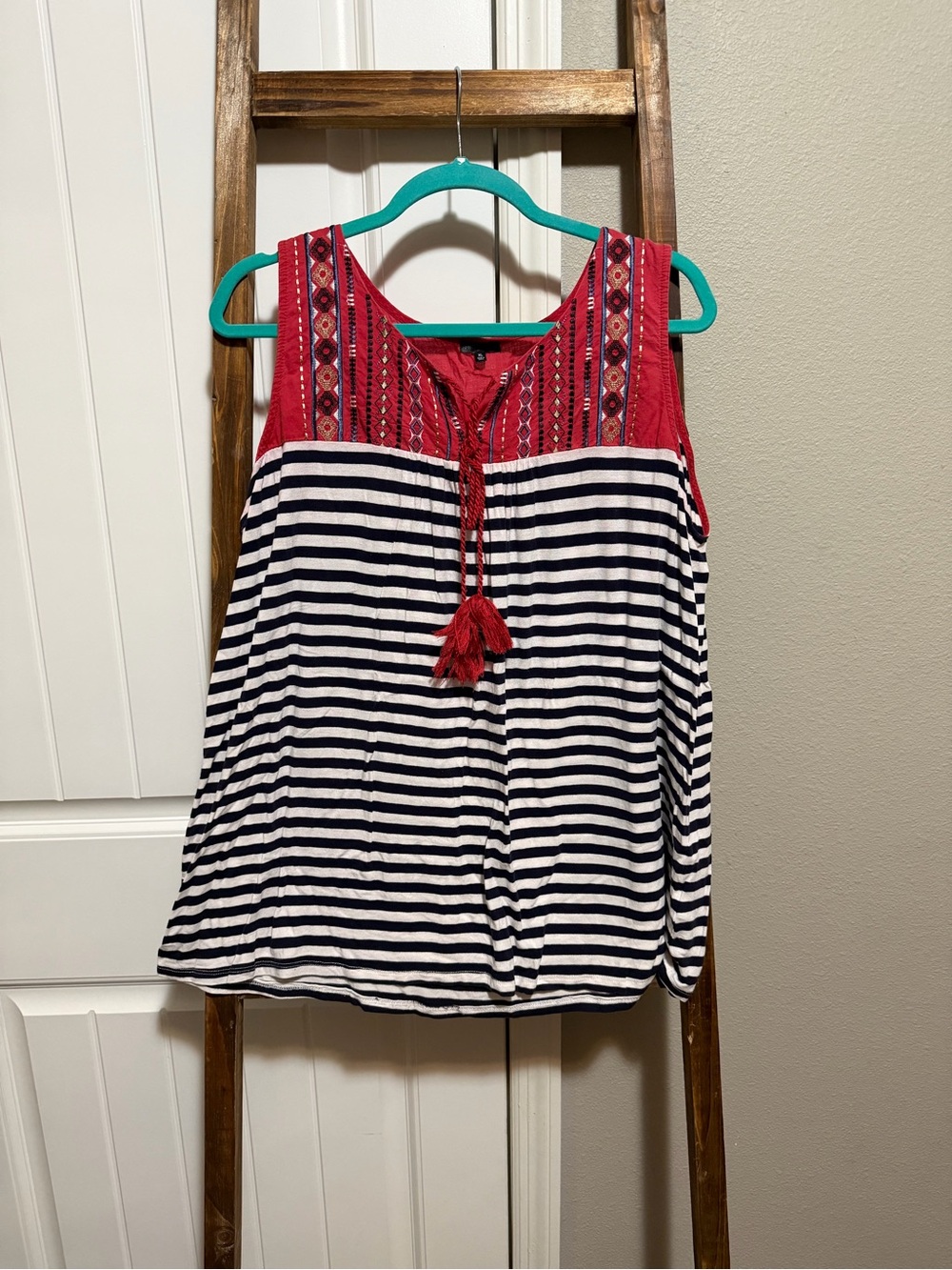 Striped Navy & Red Embroidered Tassel Tank Top